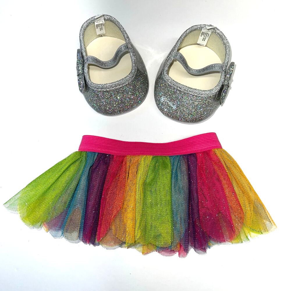 Build A Bear Workshop Rainbow Sparkly Tutu Skirt and Glittery Silver Shoes
